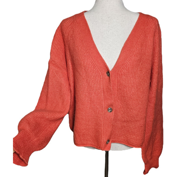 Velvet, Button Up, V-Neck, Cardigan, Soft, Boxy, Stretchy, Sweater, Orange, Lg - Picture 1 of 11